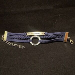 Blue Leather Braided Bracelet | Strength & Inspirational Quote